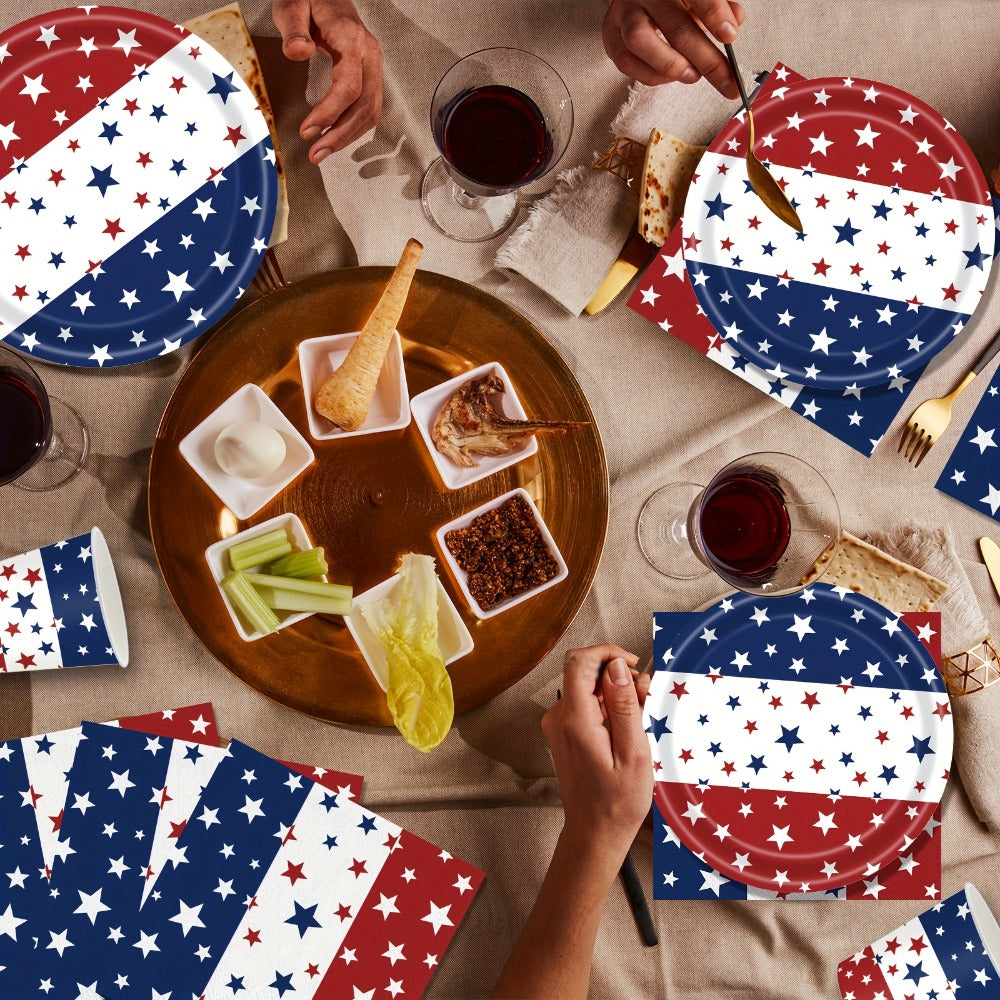 Patriotic Tableware Party Supplies Set with 140 Pieces for 20 Red White Blue Star-Print Settings — image 6