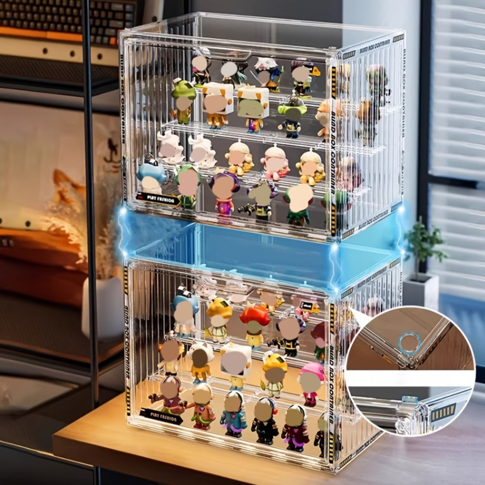Acrylic Display Case for Figures 3 & 4 Tiers with Adjustable Dividers – Clear Dust-Proof Showcase Box with Magnetic Door for 
