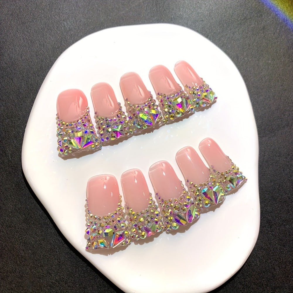 Press On Nails 10-Piece Long Duckbill Set with Nude French Tips, AB Diamond Finish and Nail Tools — image 6