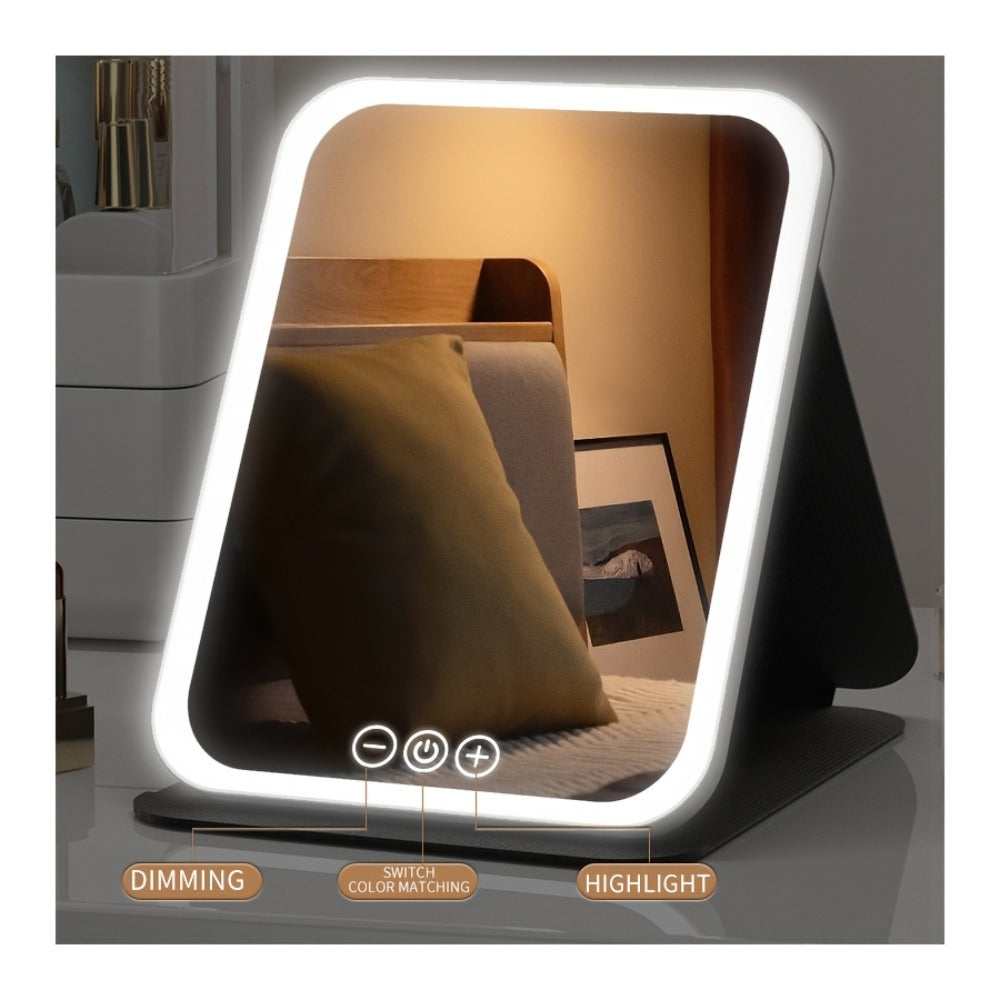 Makeup Mirror Foldable LED Travel Stand with Three Light Colors, Touch Dimming, USB Charging and Pink or White Options — imag