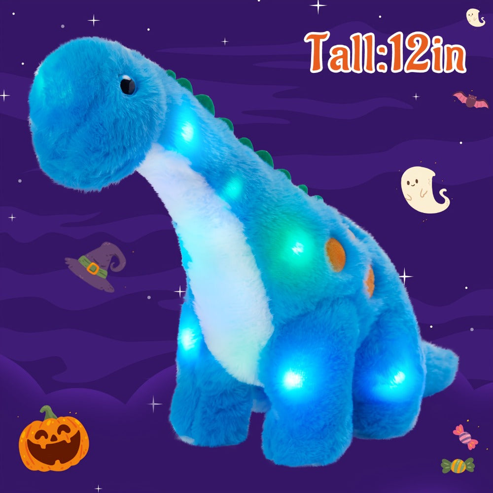 Plush Toy Blue Dinosaur with LED Glow and Optional Music for Colorful Interactive Display for Character Display, Room Decor a
