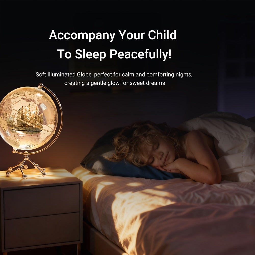 LED Lighted Globe for Kids & Adults 7.87 Inch Clear Acrylic Earth Globe Warm White Light Metal Stand Detailed World Map | Des
