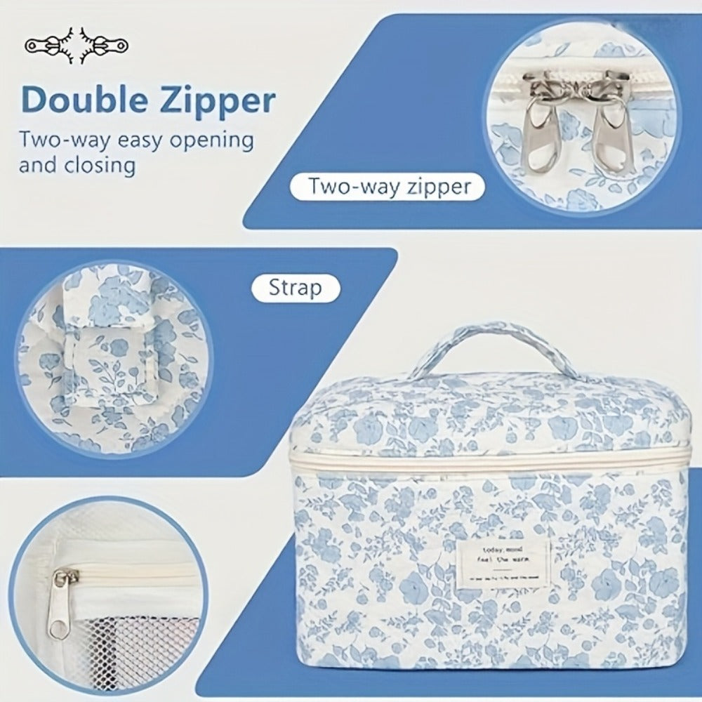 Quilted Makeup Bag Set 3 Pcs Floral Pattern Large Capacity Travel Cosmetic Organizer with Gold Zipper – Polyester Skincare To