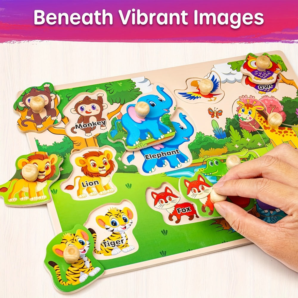 Six-Board Wooden Peg Puzzle Set with Metal Storage Rack and Scene or Animal Theme Checkout Options — image 5