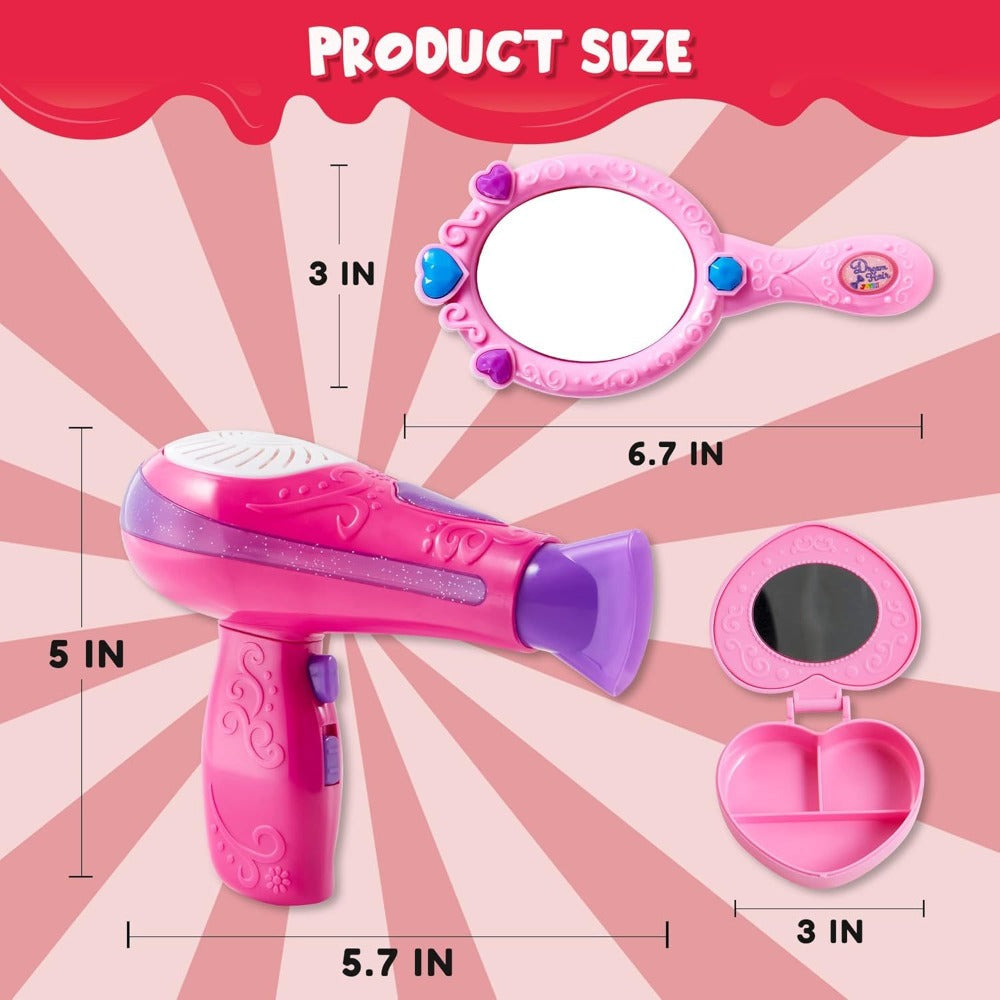 Girls Beauty Salon Toy Set 17 PCS, Pretend Play Hair Stylist Kit with Working Hairdryer Mirror Curling Wands Combs Clips & Je