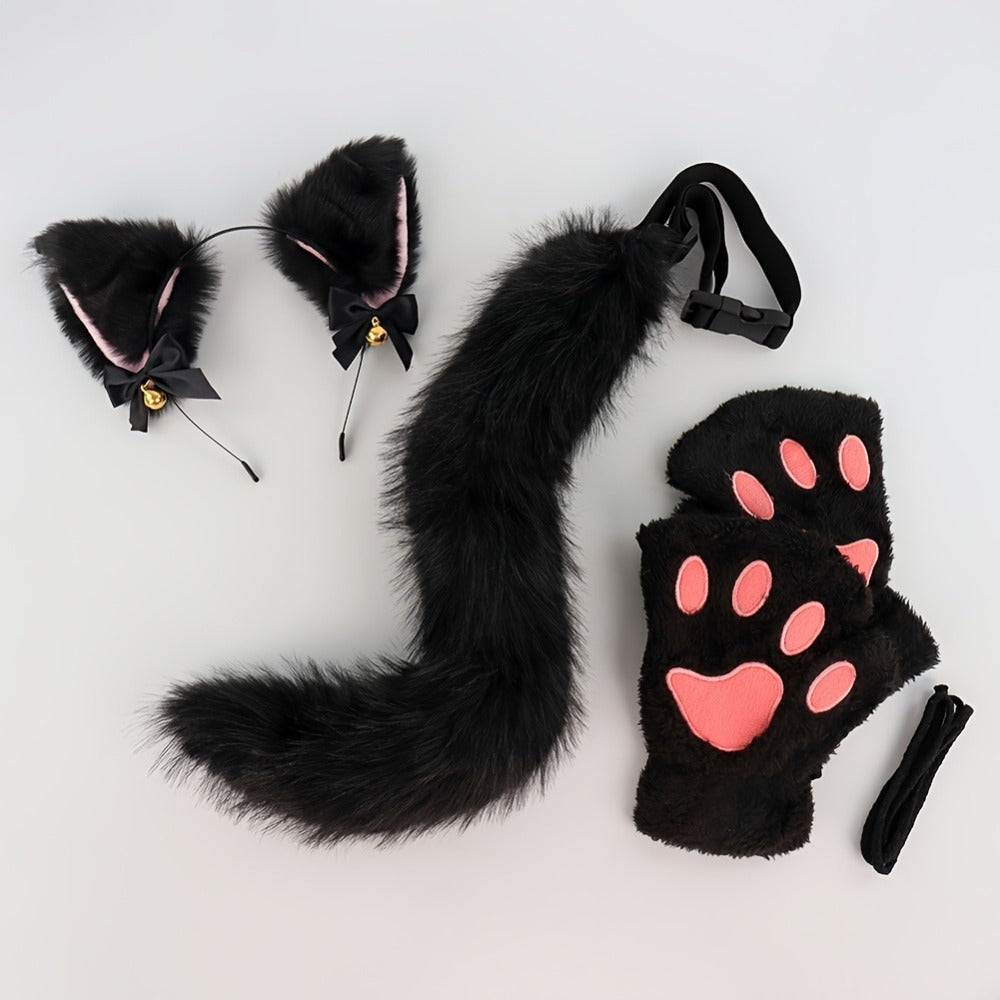 Cat Costume Set 3 Piece, Bell Ear Headband, Plush Paw Gloves & Adjustable Tail for Halloween, Cosplay — image 11