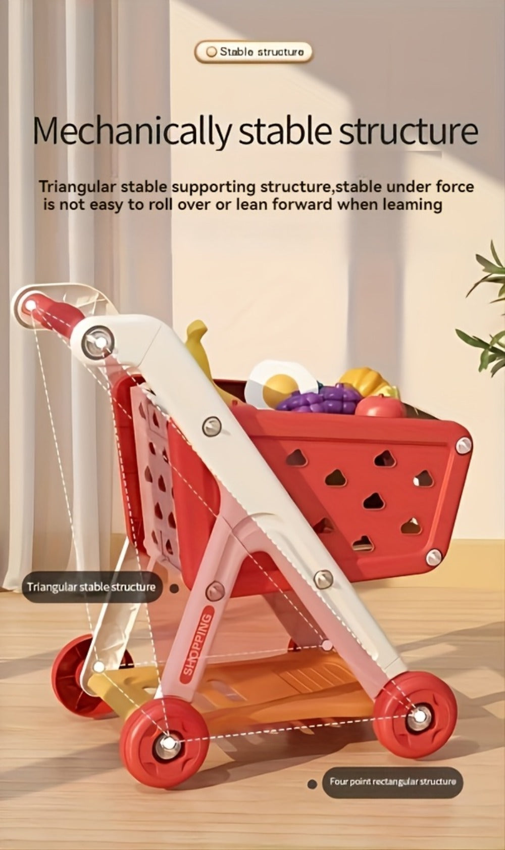 Kids Pretend Play Shopping Cart Toy Set with Realistic Food & Grocery Accessories, Supermarket Role Play for Toddlers Girls B