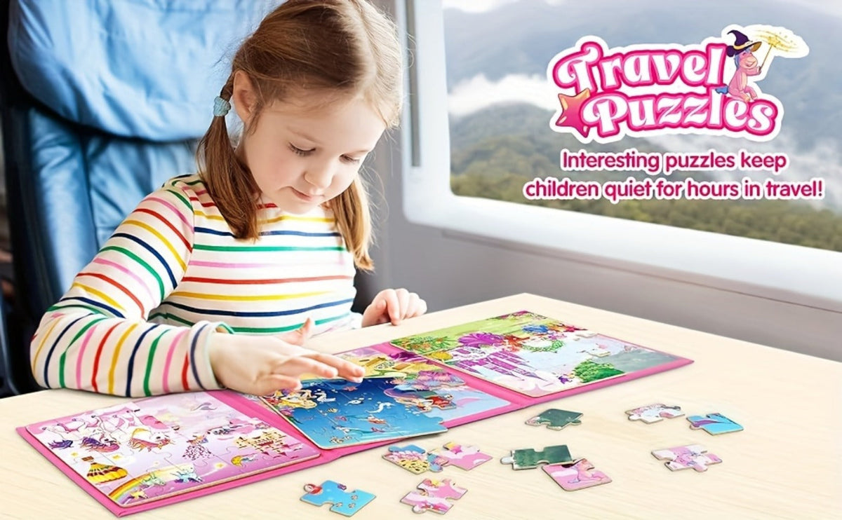 Magnetic Puzzle Book for Girls 3 4 5 6, 3-in-1 Unicorn Mermaid Princess Travel Puzzles, 20 Pieces Folding Magnetic Jigsaw for