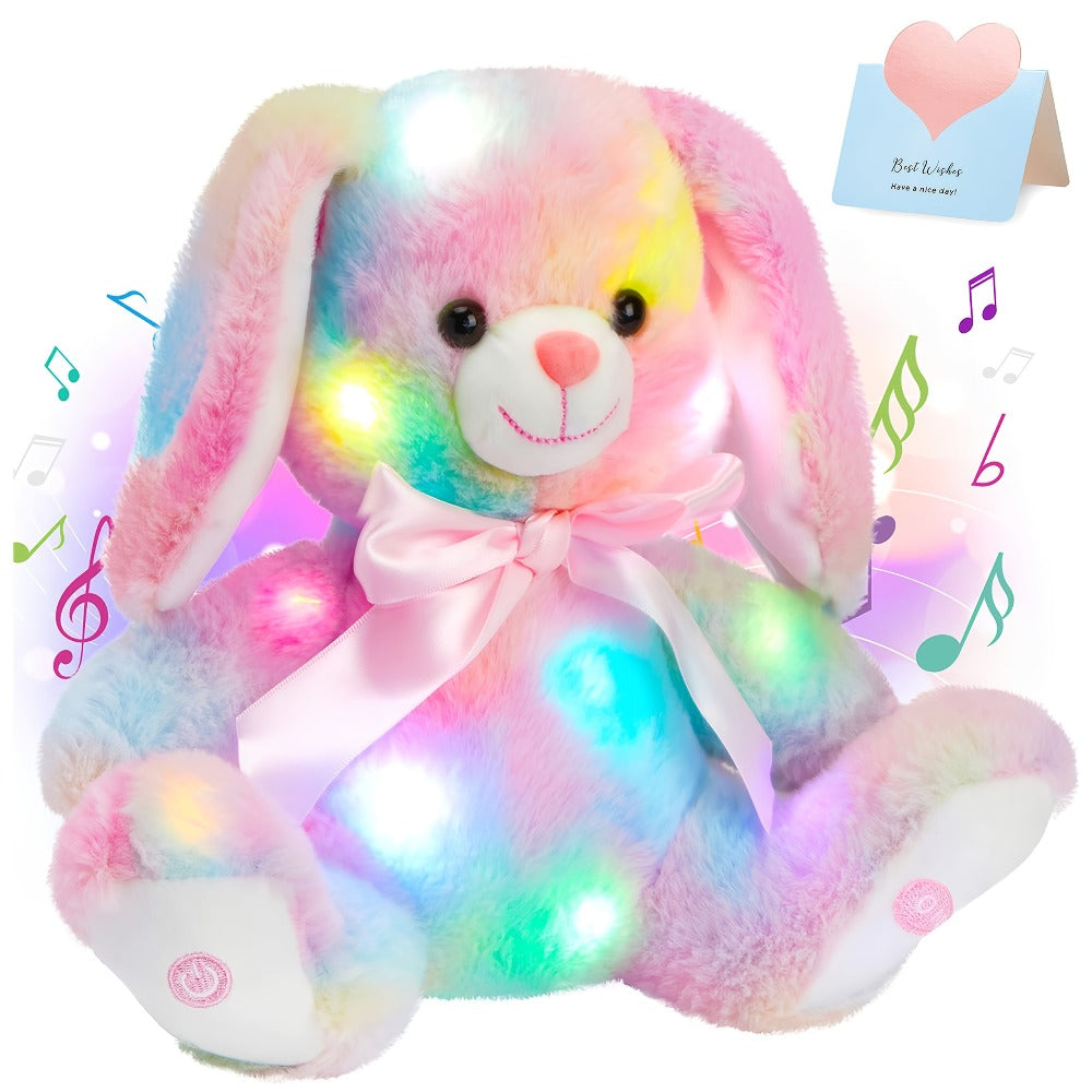 Musical Glowing Bunny Plush Toy 10 Inch, Rainbow Lop Ear Rabbit Stuffed Animal with LED Night Light & Lullaby Music for Toddl