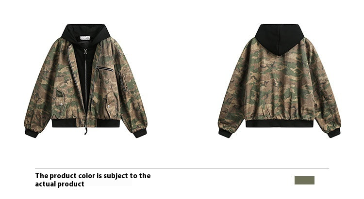 Retro Workwear Camouflage Coat Women Fake Two Pieces Loose Jacket