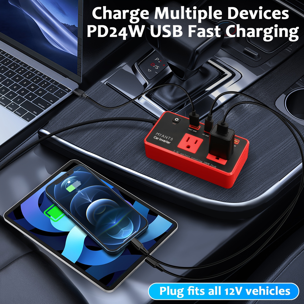 Red 200W Car Power Inverter with Two AC Outlets, USB-A and USB-C Ports, Switch and 12V Plug — image 6