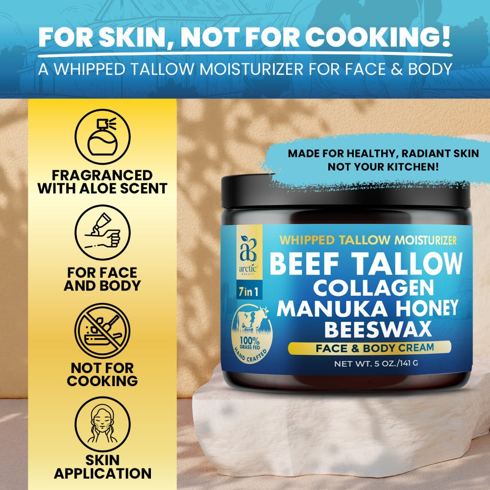 Whipped Beef Tallow Moisturizer – Organic Grass-Fed Face & Body Cream with Manuka Honey, Jojoba Oil, Collagen & Aloe Vera — i