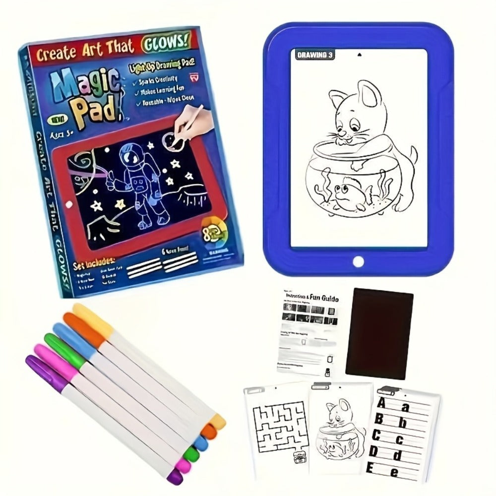Light Up Drawing Board for Kids LED Doodle Art Set with Colorful Markers & 30 Cards Ages 3-8, Battery-Powered Glow Writing Bo