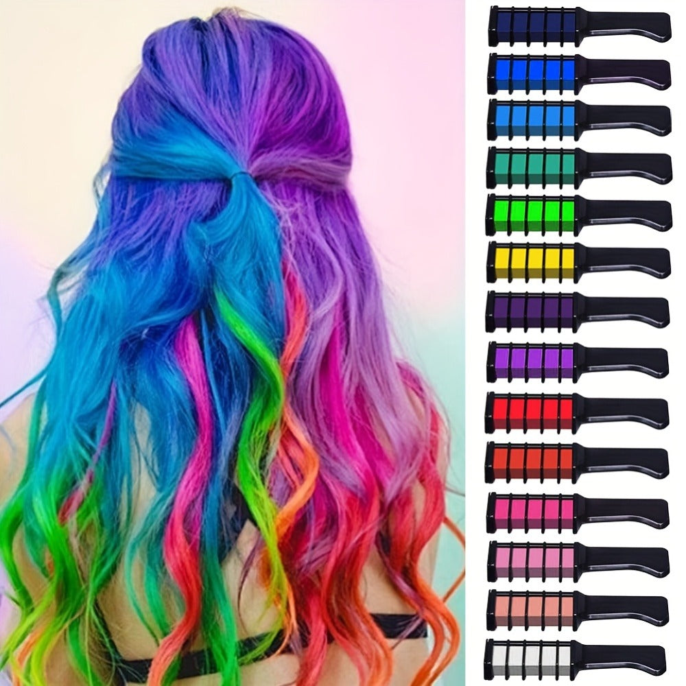 Temporary Hair Chalk Comb Set 14 Colors, Hair Color Sticks with Plant-Based Squalane & Glycerin, Vibrant Streaks for Parties 