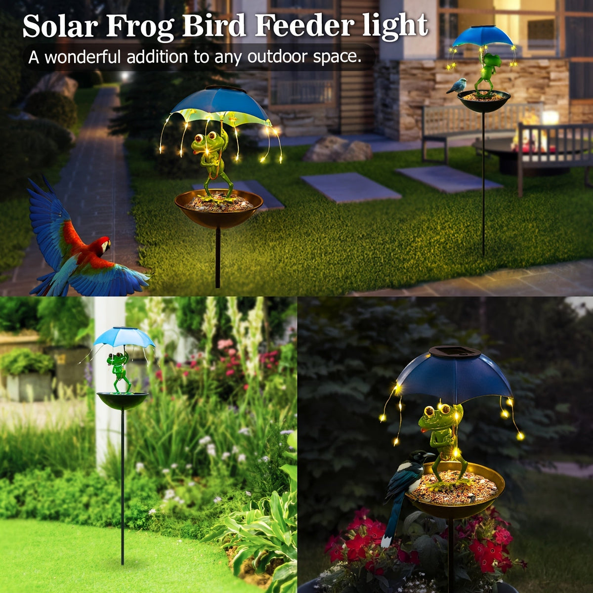 Solar Frog Statue Garden Light with Bird Feeder & LED String Decor, for Garden, Pathway and Patio Lighting — image 8