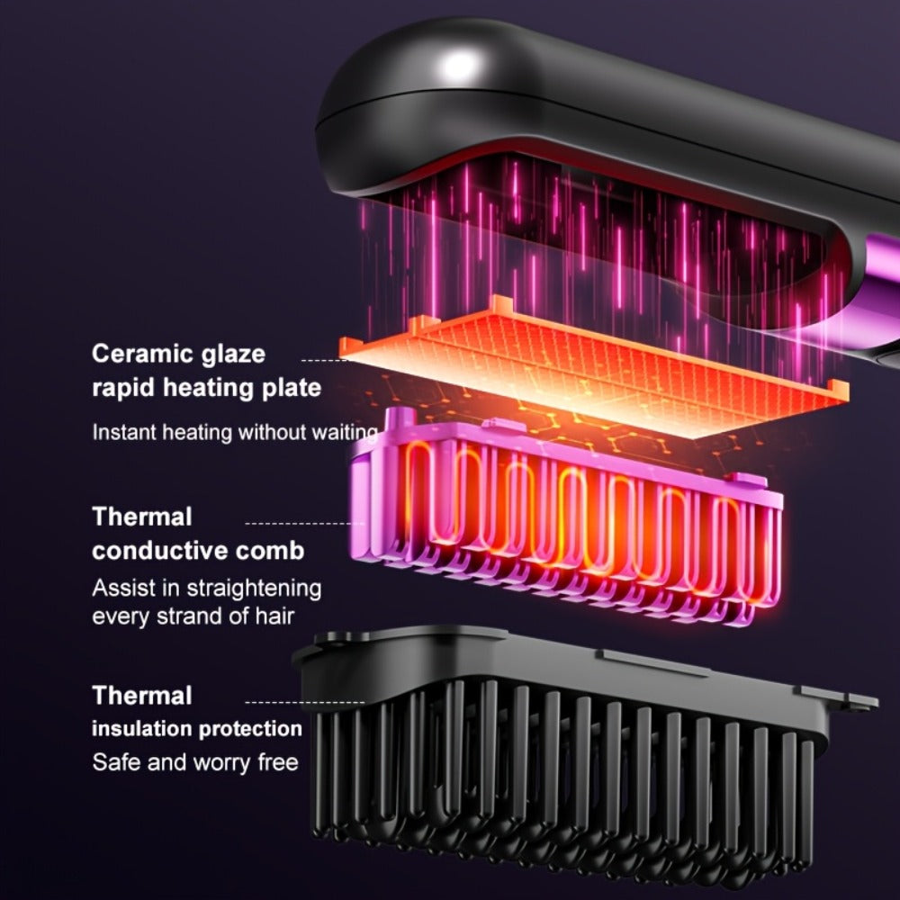 Cordless Hair Straightening Brush USB Rechargeable Portable Heated Straightener Comb Mini, for Home, Travel and Salon Hair St
