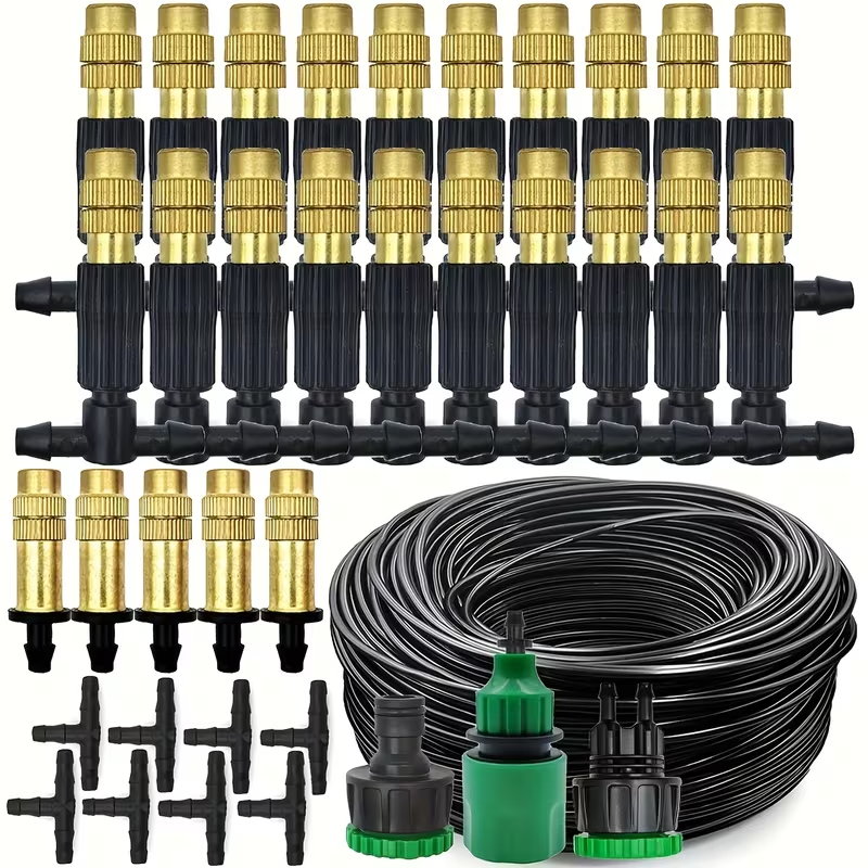 Outdoor Misting Cooling System 15m – 1/4" Brass Nozzles, 4/7mm Hose, Patio Garden Greenhouse — image 1