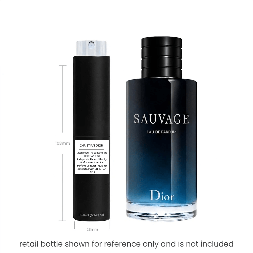 Sauvage EDP Men's Travel Spray 10ml Decant - Ambery Bergamot Ambroxan Cologne - Portable for Bath Time, Home Spa and Personal