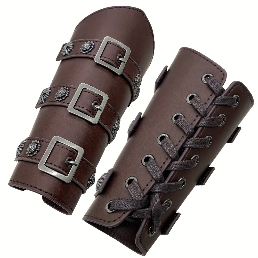 Viking Medieval Leather Arm Guards Bracers – PU Leather Knight Gauntlets Adjustable Metal Buckles Rivets for Men Women Hallow