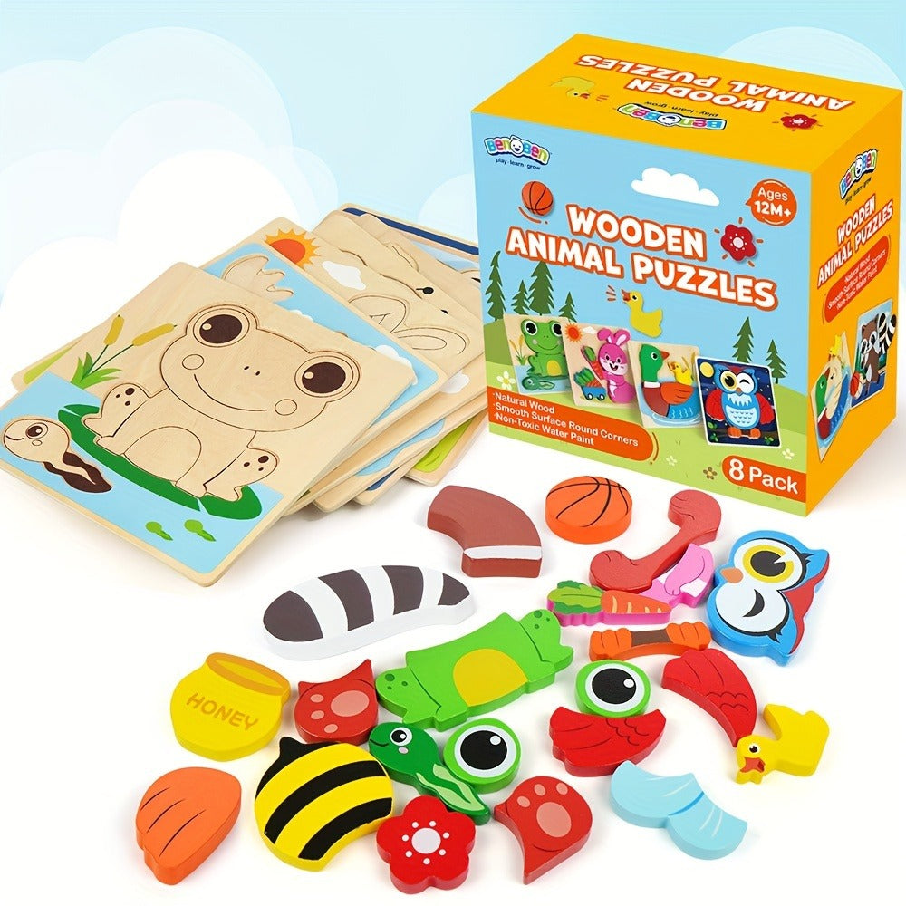 Baby Animal Wooden Puzzles for Toddlers 8 Pack, Infant Learning Toy 12 Months+, Bear Bunny Owl Frog Bee Duck Moose Raccoon — 