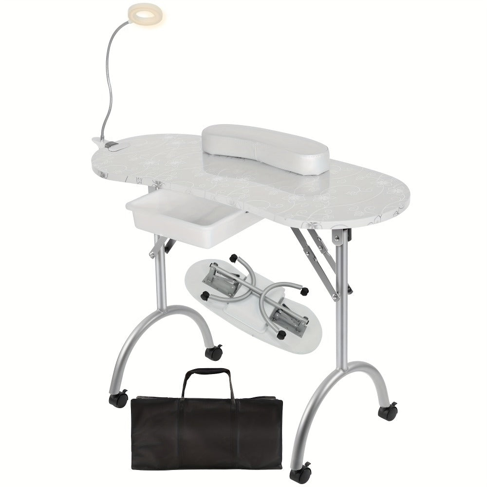 Foldable Nail Table with LED Lamp Drawer Lockable Wheels Wrist Cushion & Carrying Bag, Portable Manicure — image 3