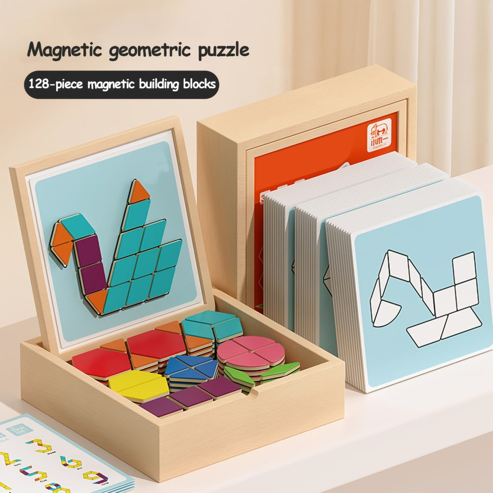 Magnetic Wooden Puzzle Blocks 128 180 220 Piece Set, Geometric Figures Cognitive Learning STEM Toy for Kids — image 4