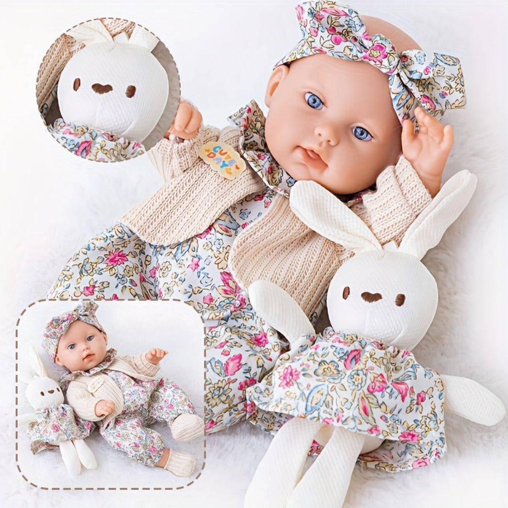 Floral Dress Baby Doll 12 Inch with Rabbit Plush Toy Gift Set, Realistic Vinyl Doll with Floral Outfit — image 8