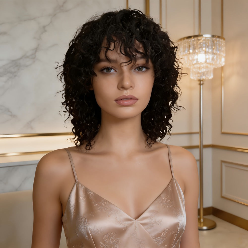 Wavy Elf-Cut Human Hair Wig with Bangs, Rose Mesh Cap and Black 10-Inch Layered Short-Hair Style — image 9