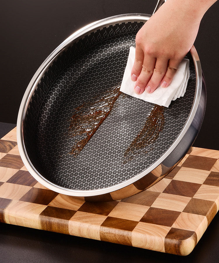 304 stainless steel honeycomb frying pan, non stick, household flat bottomed pan for frying steak, pancakes, and fried eggs, pan