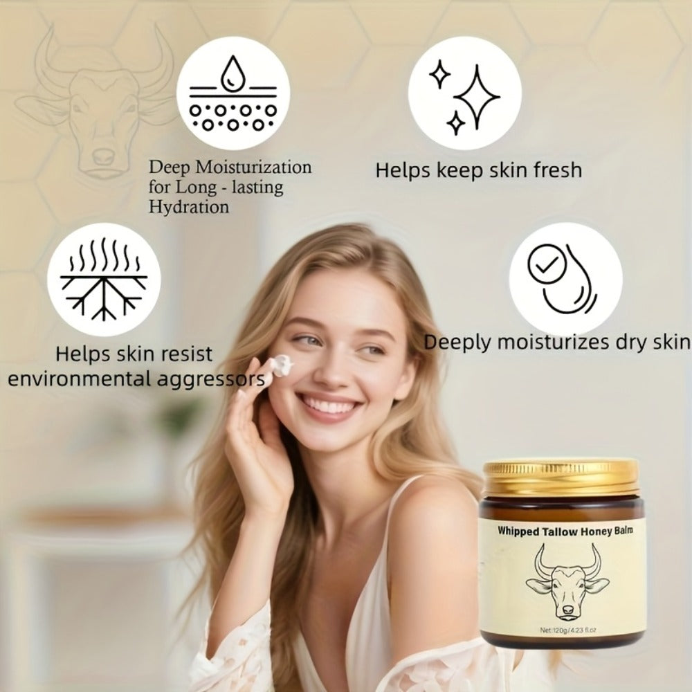 Whipped Beef Tallow Balm for Face & Body 4oz – Grass-Fed with Honey, Natural Non-Greasy Deep Moisturizer for Dry & Sensitive 