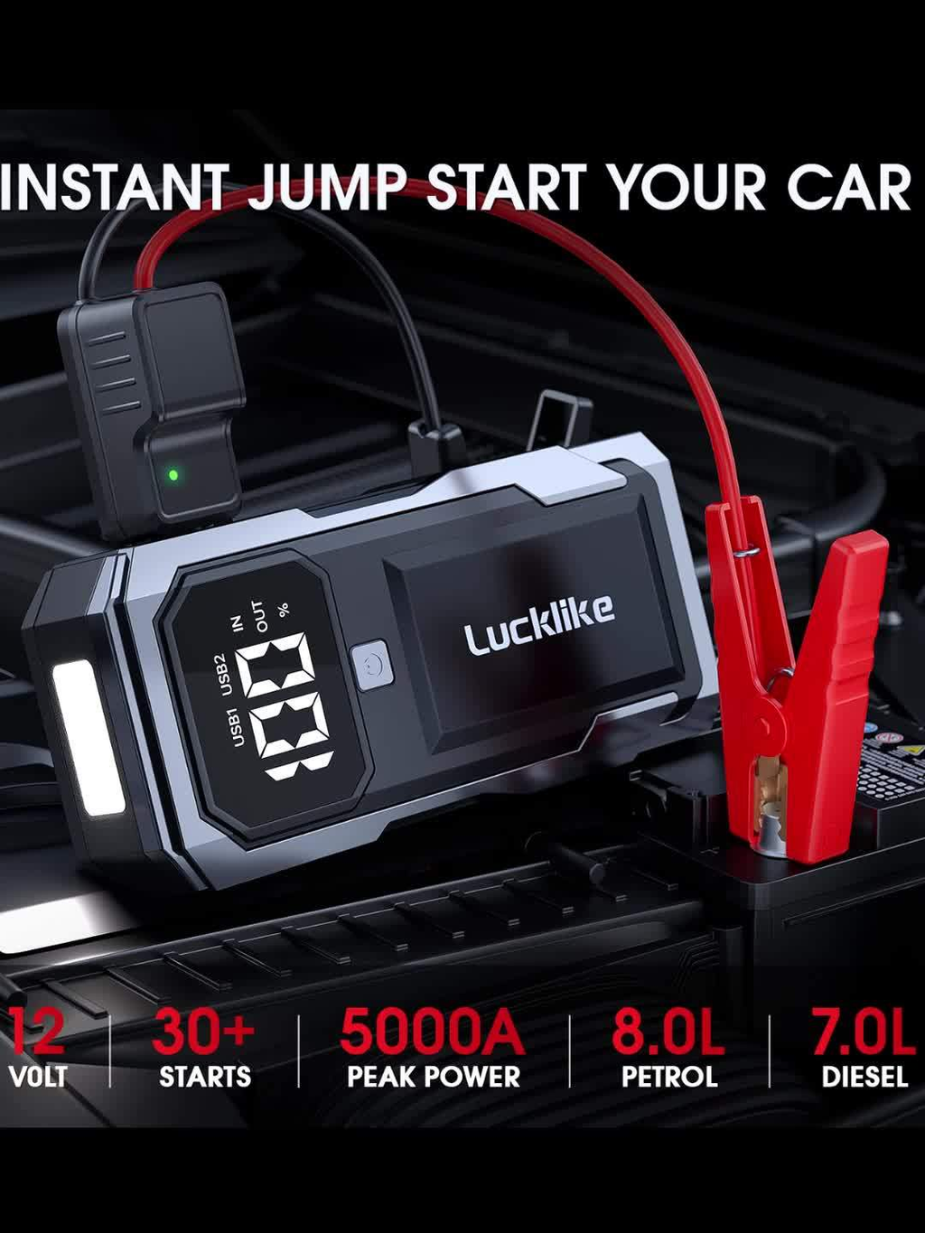 Battery Jump Starter 5000A 3000A Peak for Gas Diesel Engines QC3.0 18W Fast Charge USB-C Recharge for Garden, Patio and Yard 