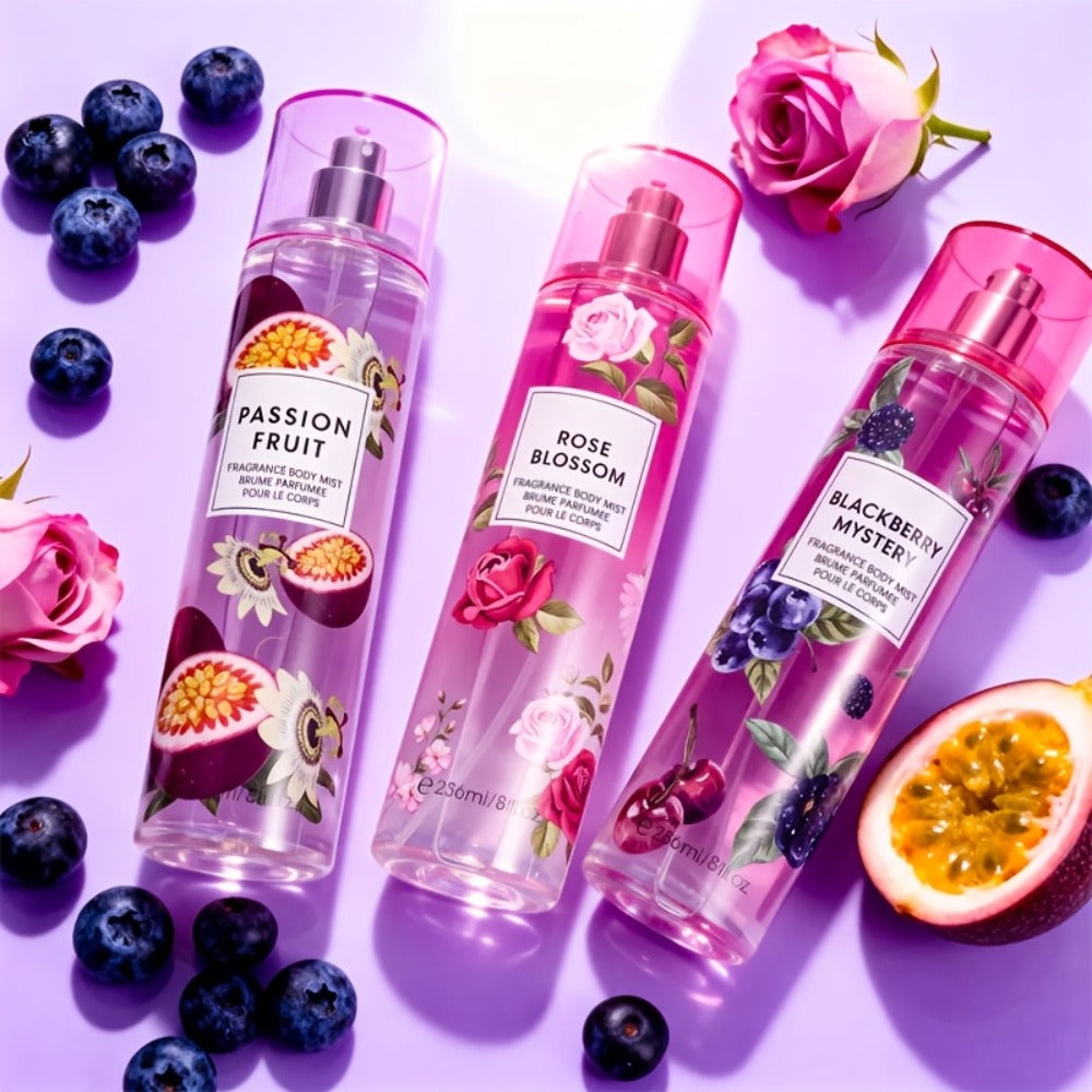 Body Spray for Women 4-Pack 8.4oz Each Hair Body Fragrance Mist Set 20 Floral Fruity Scents Daily Use Gift Value Bundle 250ml