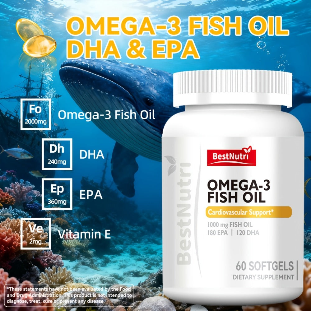 Omega-3 Fish Oil 2000mg Softgels with EPA & DHA, Cold-Extracted CGMP, Brain Vitality Heart Health Anti-Inflammatory Support —