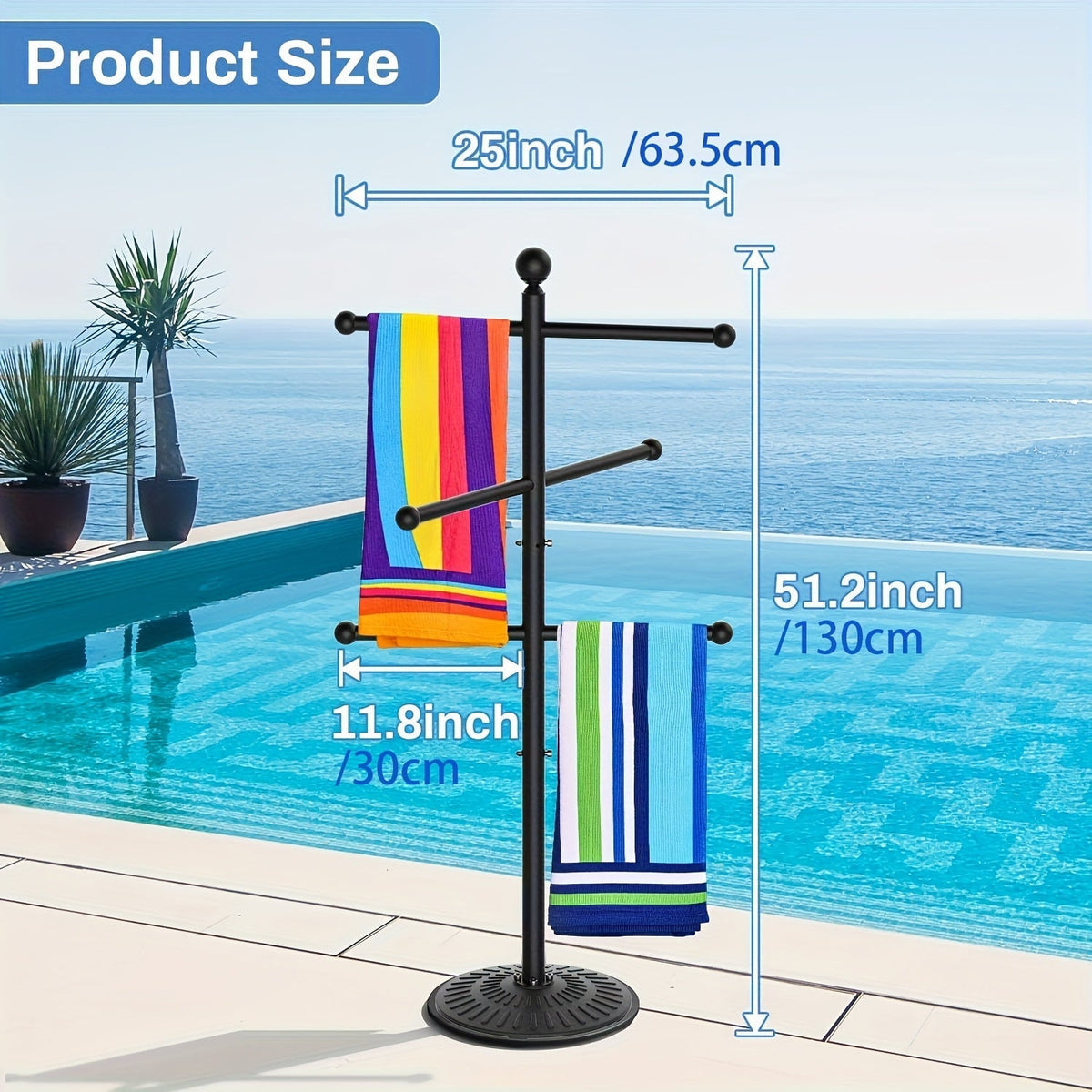 Pool Towel Rack Freestanding Outdoor – 3-Bar Iron Towel Stand with Hooks, Windproof Wide Base, No Sand Needed — image 4