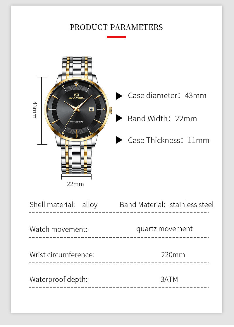 Men's Business Waterproof Stainless Steel Calendar Watch