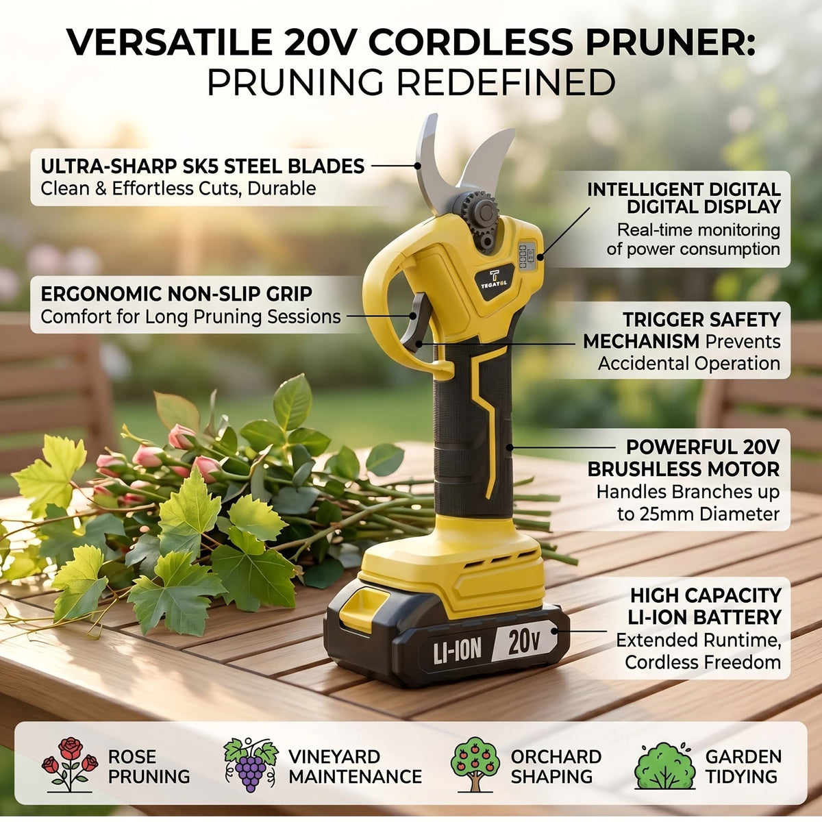 20V-Labeled Cordless Pruning Shears with Display, Yellow or Green Body and One- or Two-Battery Kits — image 2
