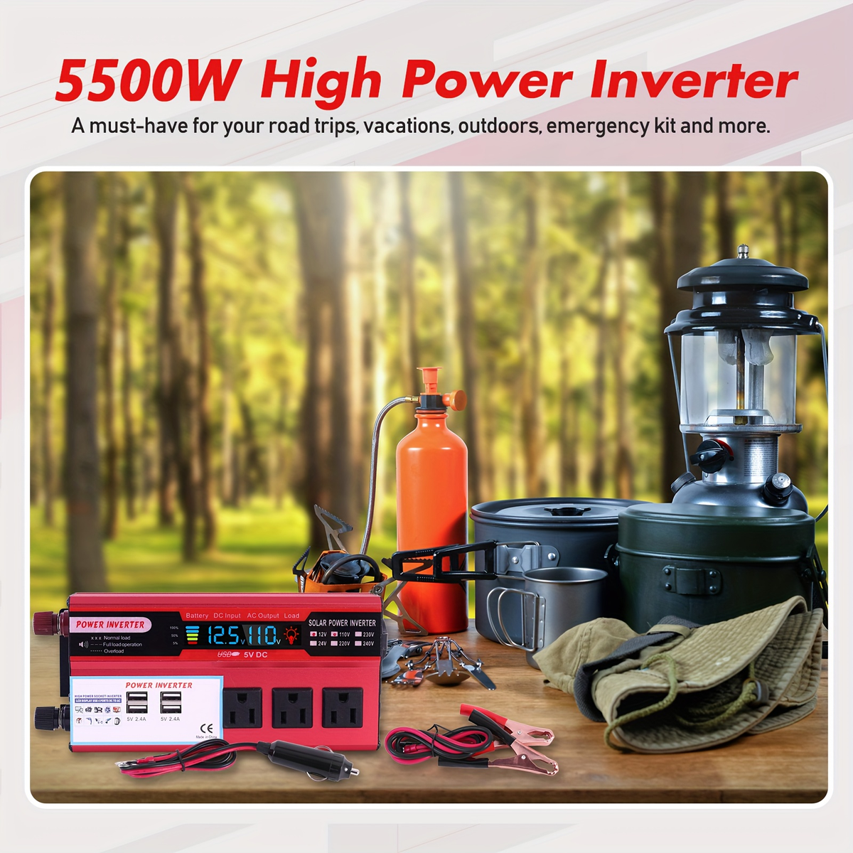 DC to AC Inverter 4000W 5500W 6500W 16000W Peak DC 12V to AC 110V High Power Car Inverter with USB Ports for Garden, Patio an