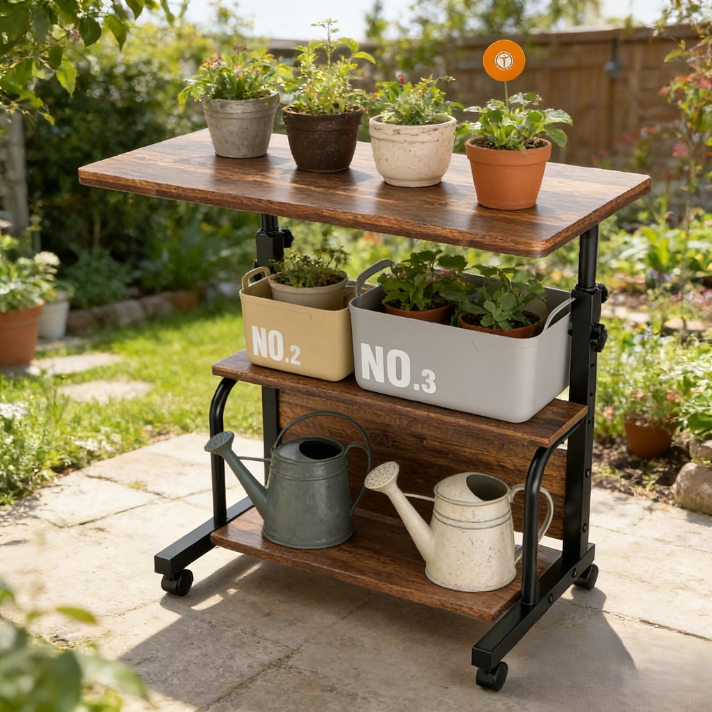 Garden Work Table 31.5" Adjustable Height Mobile Desk with Storage Shelves, Metal Frame, for Patio Outdoor Bedroom Office Pot