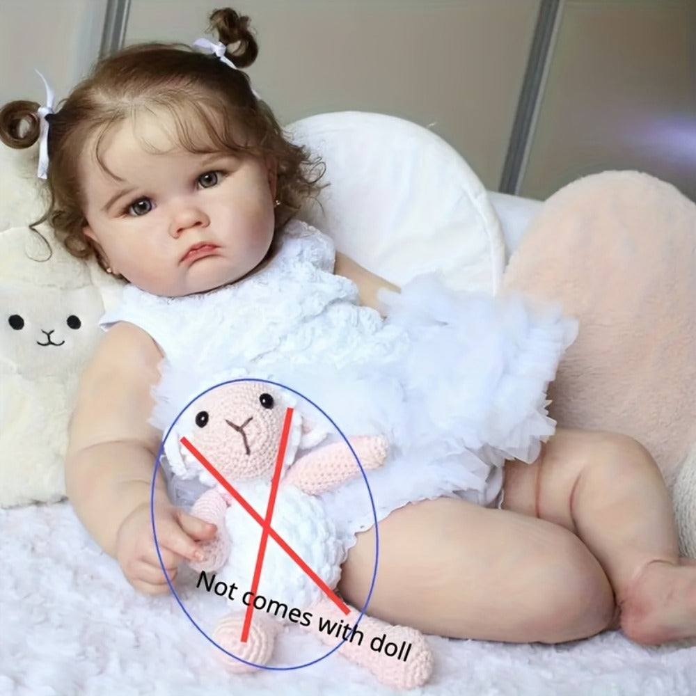Reborn Baby Doll 24-Inch Cloth Body with Vinyl Limbs, Rooted Brown Hair, Acrylic Eyes and White Outfit Set — image 3