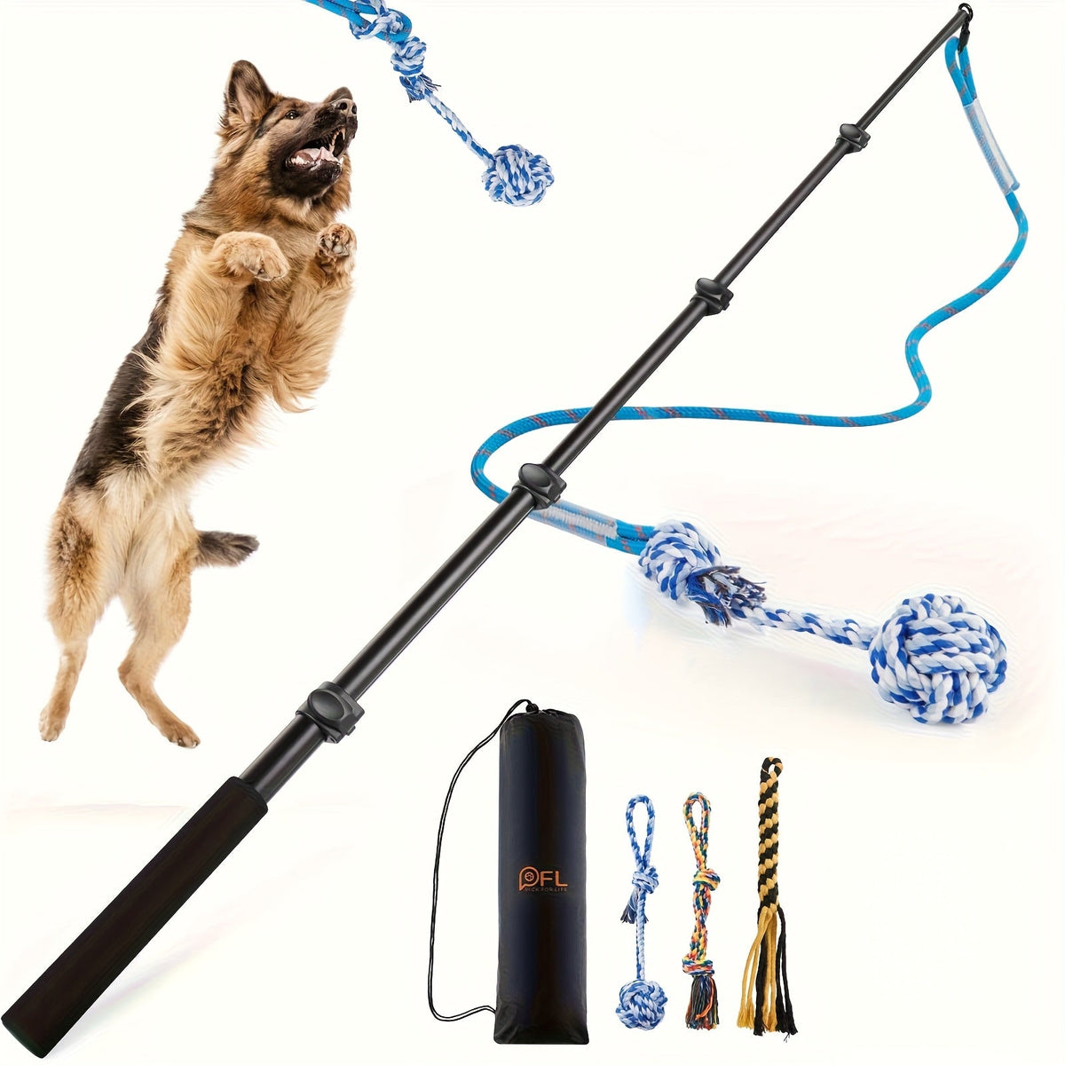 Dog Toy Telescopic Aluminum Flirt Pole with Reinforced Nylon Rope and Three Detachable Interactive Toys — image 1