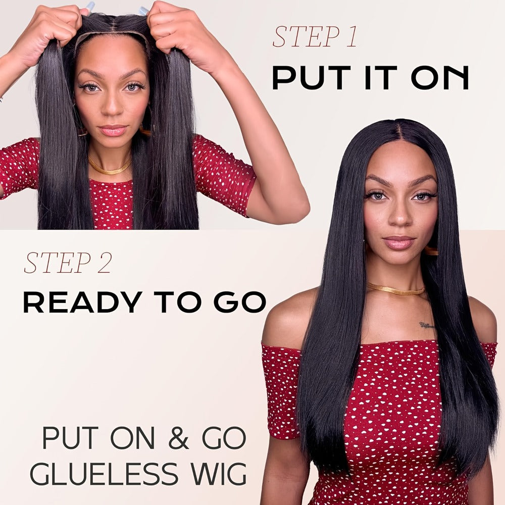 Put On and Go Wig 6x4.5 HD Lace Human Hair Straight 250% Density Glueless Pre-Plucked Pre-Cut Pre-Bleached Knots Long Straigh
