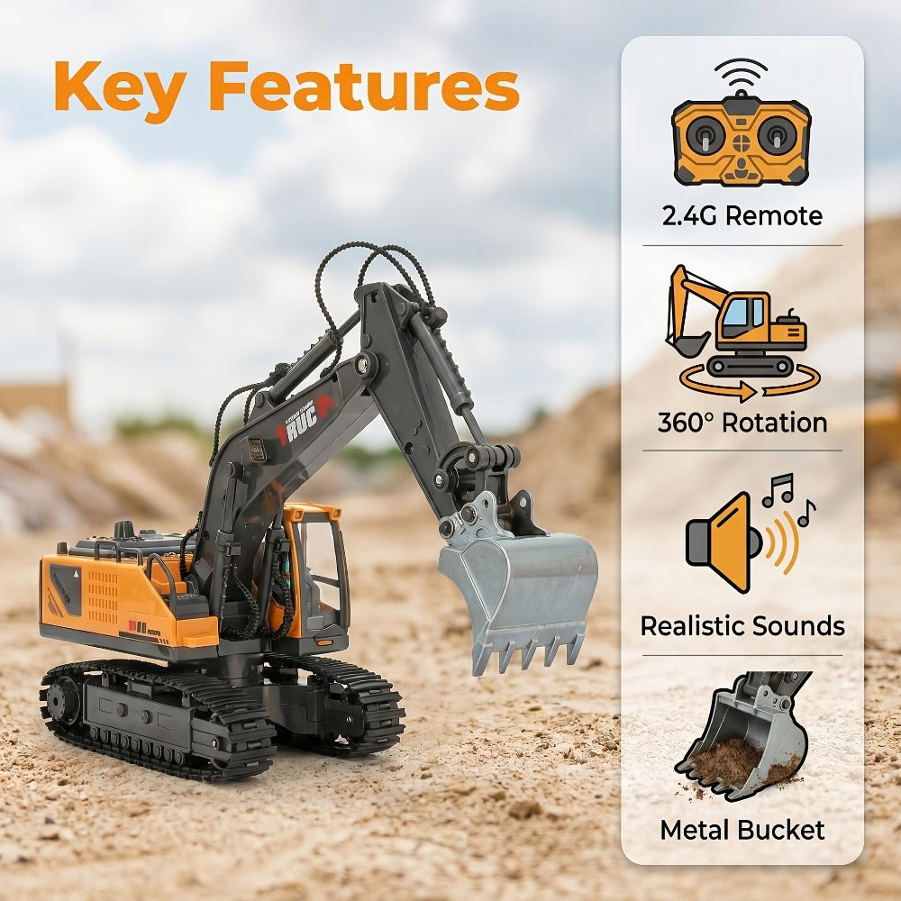 RC Excavator Toy for Kids Track Type 2.4GHz, 1200mAh Rechargeable Remote Control Construction Truck with Metal Shovel & LED L