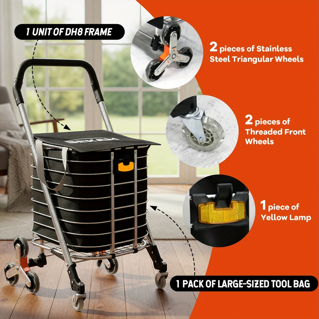 Stair Climbing Cart Collapsible Shopping Trolley with Swivel Wheels & Night Light, for Garden, Patio and Yard Use — image 7