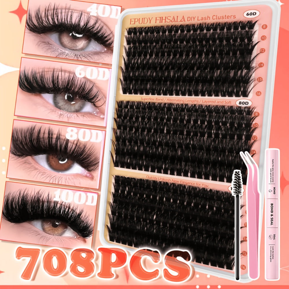 Lash Extension Kit with 708 Clusters in 8-16mm Mixed Lengths and 30D-100D Densities, Glue, Tweezers and Brush — image 2