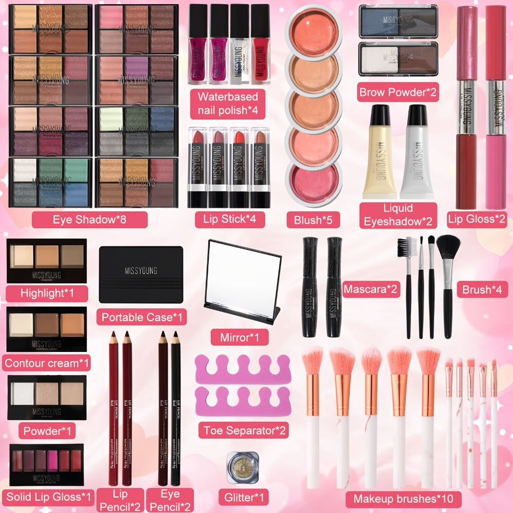 106-Piece Makeup Case Set with Red or Silver Carry Case, Fold-Out Color Palettes, Lip Products and Ten Makeup Brushes — image