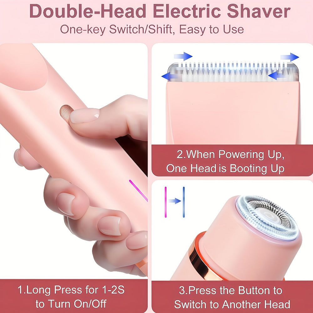Electric Hair Trimmer for Women Dual Head IPX7 Waterproof USB Rechargeable Painless Bikini Trimmer Face Body Shaver Arms Legs