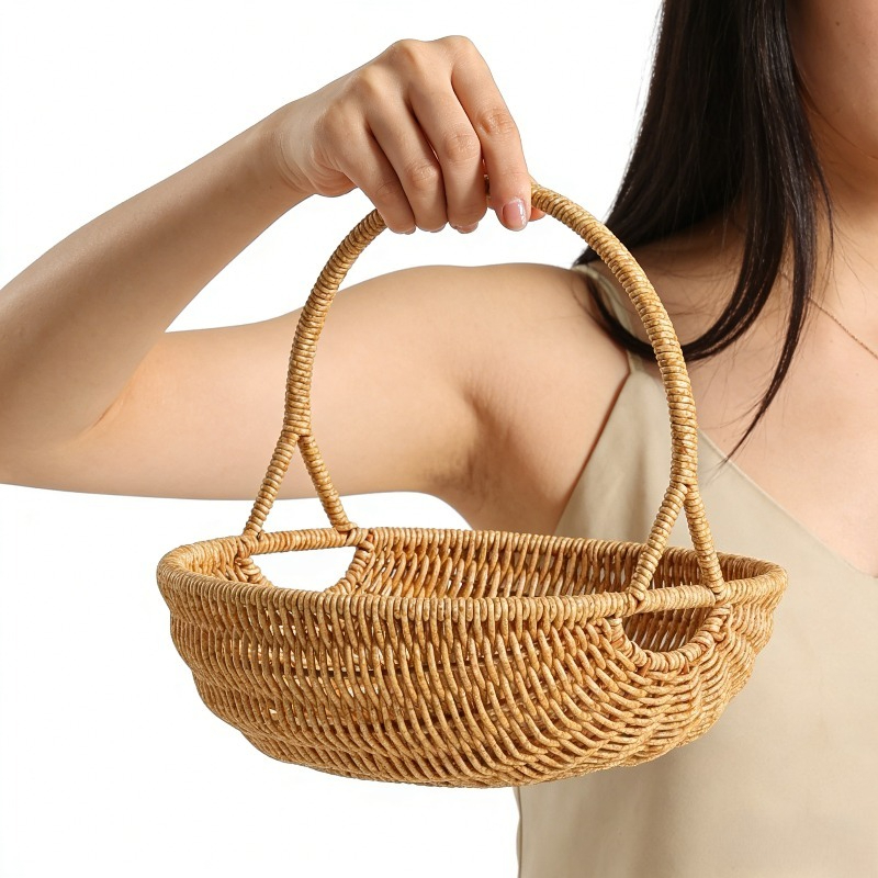Handwoven Rattan Storage Basket with Carry Handle in Light Brown Medium Drain-Basket Format — image 5