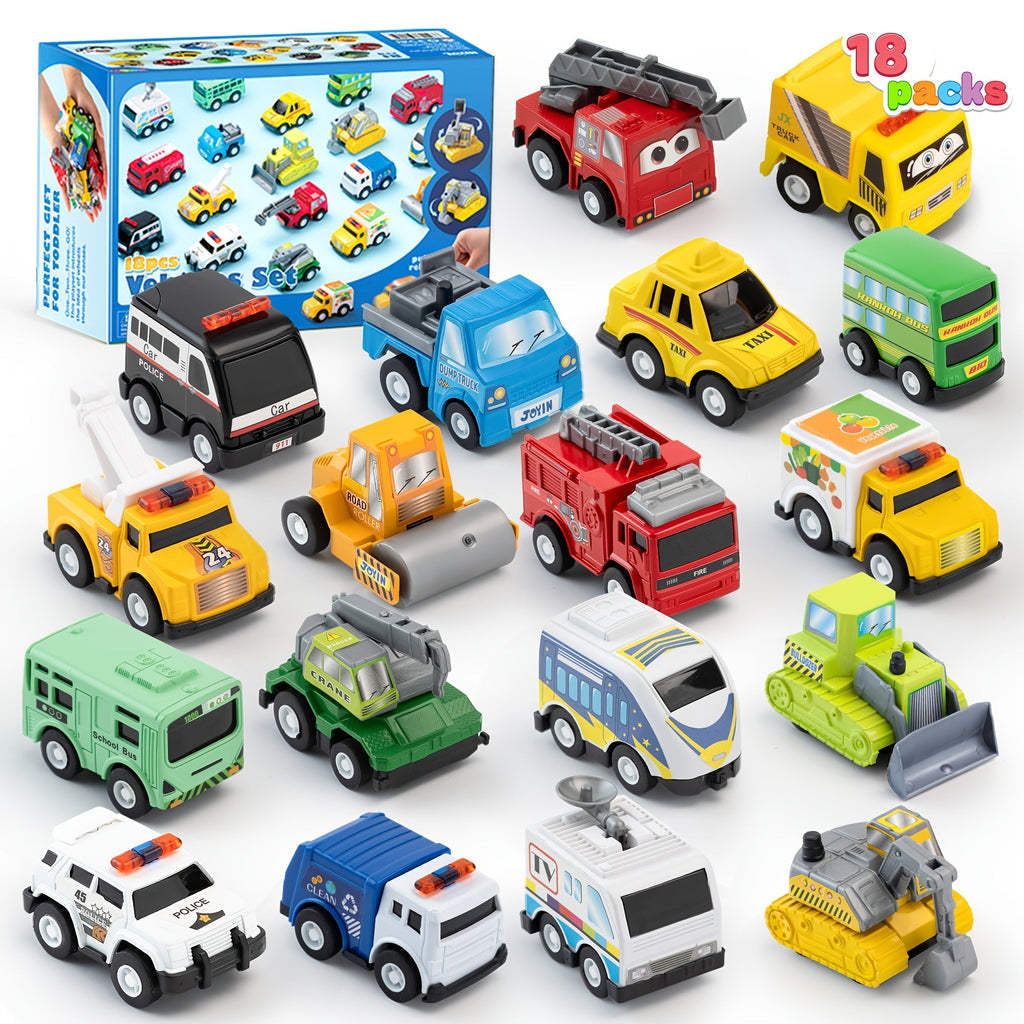 18-Piece Pull Back Mini Cars Set for Kids, City Vehicles Fire Truck Police Car School Bus Freight Train — image 1