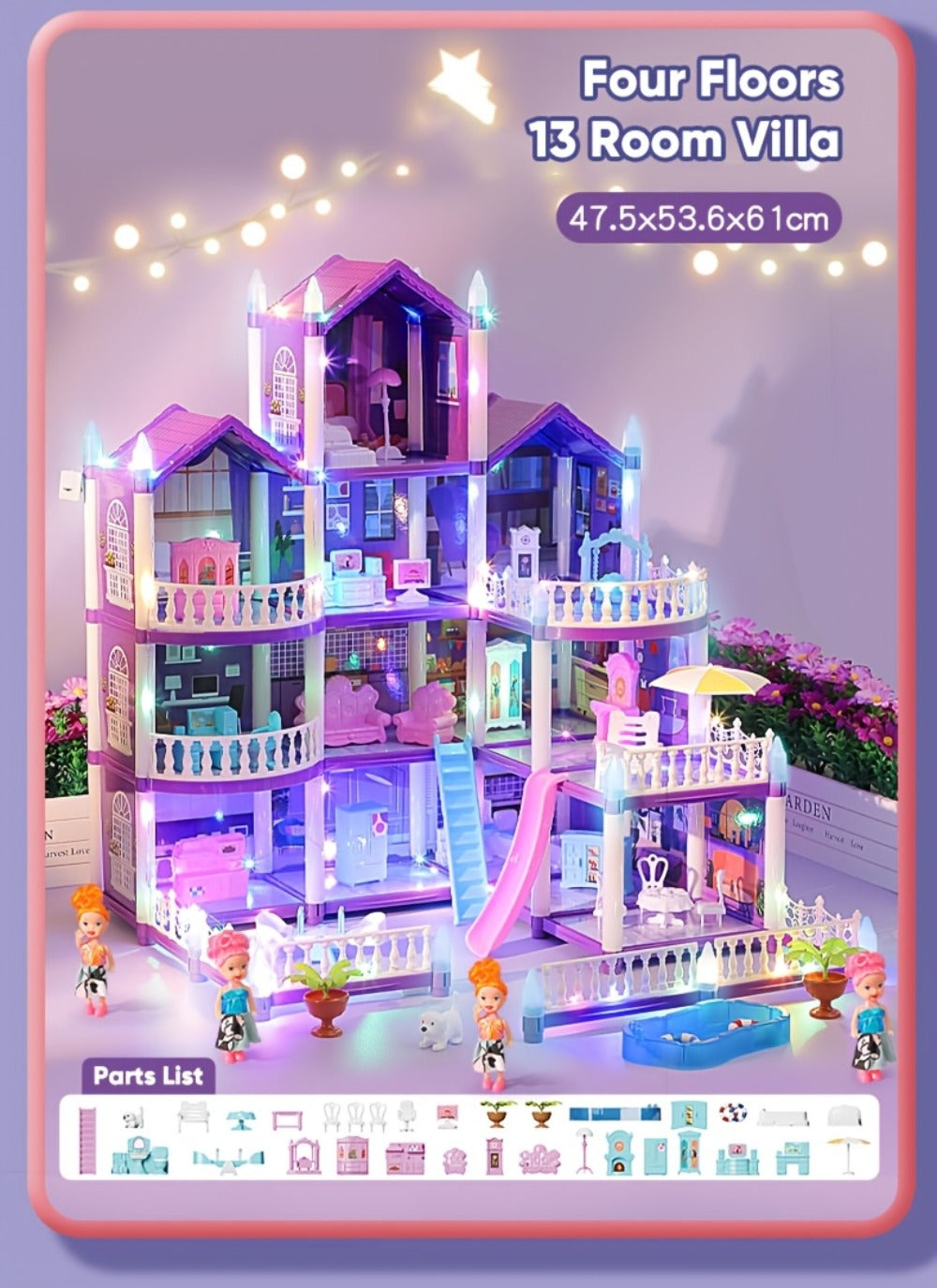 LED Dollhouse Playset for Girls, Purple Multi-Room Playhouse with Doll Figures, Puppies, Furniture & LED Lighting — image 26