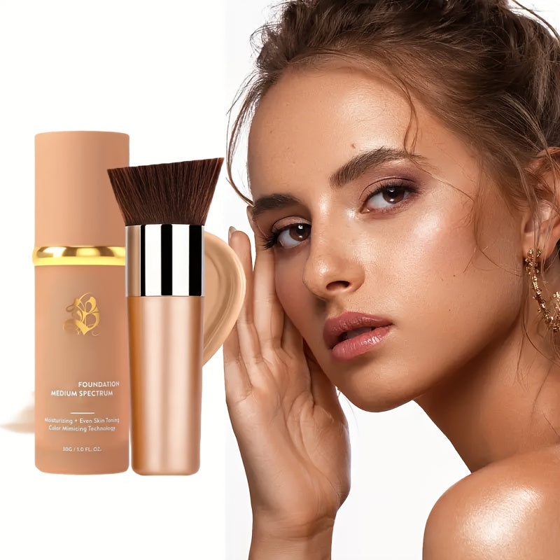 Color-Shifting Liquid Foundation and Flat-Top Brush Kit with Natural Finish and Buildable Coverage — image 1